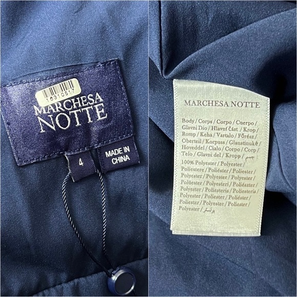 MARCHESA Navy Taffeta Ruffled Shoulder V-Neck Ruched Waist Low Back Ball Gown 4 - Picture 10 of 13